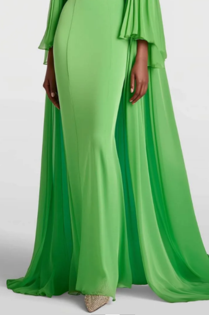Evening Formal Dress Cape Long Sleeve Rhinestone Waistband V-Neck Maxi Dress