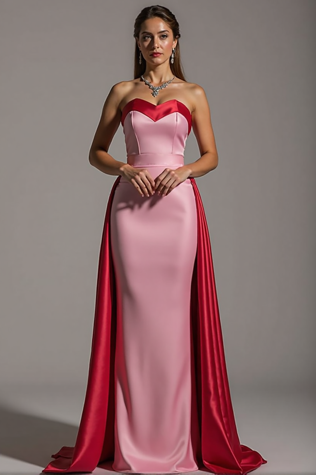 Formal Evening Strapless Dress Red Pink Satin Bodycon Train Gown