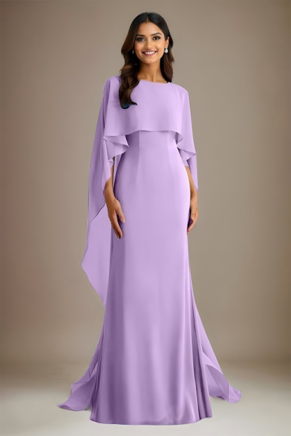 Formal Evening Dress Purple Round Neck Cape Chiffon Floor-Length Gown