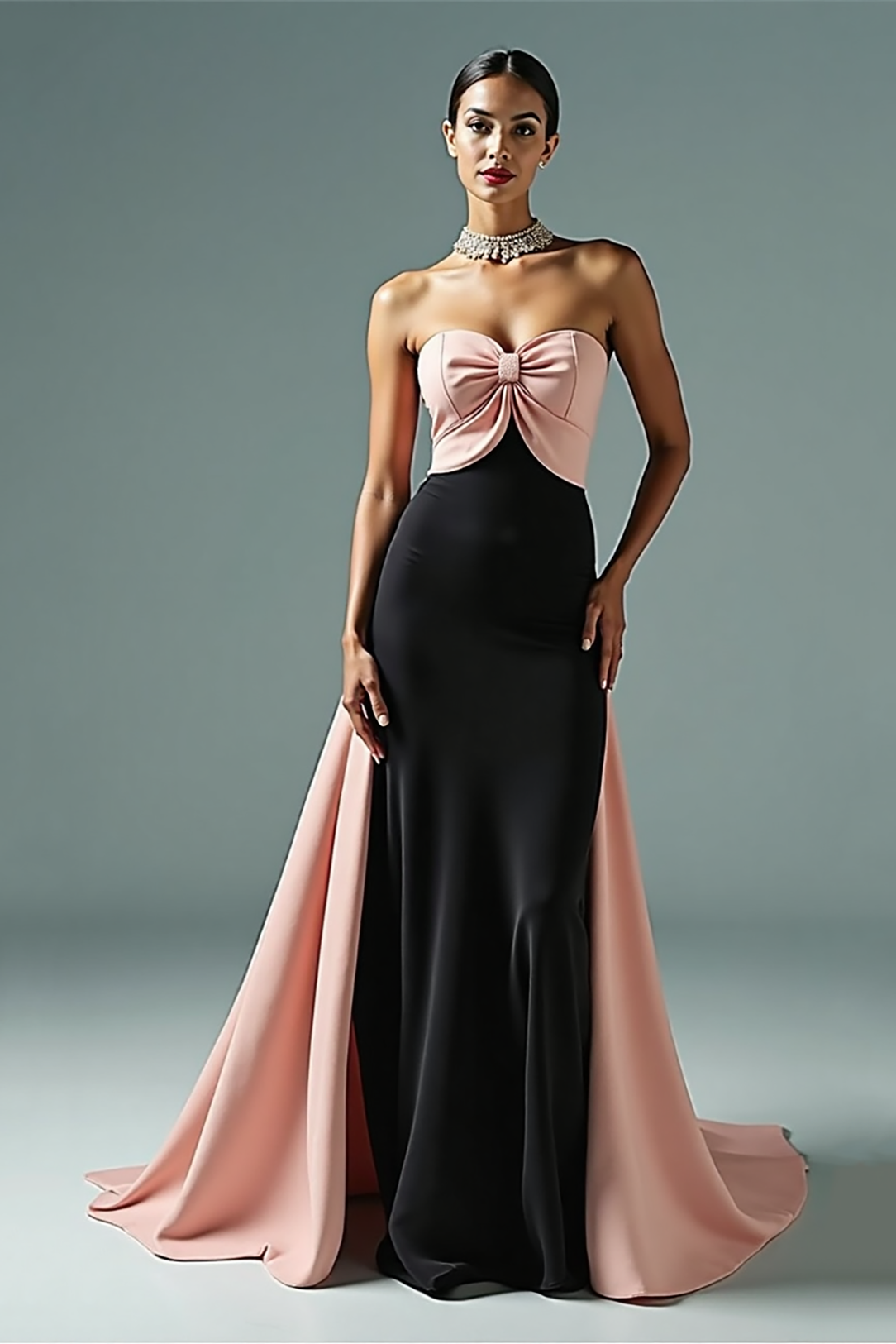 Formal Evening Strapless Dress Black Pink Twist Train Gown
