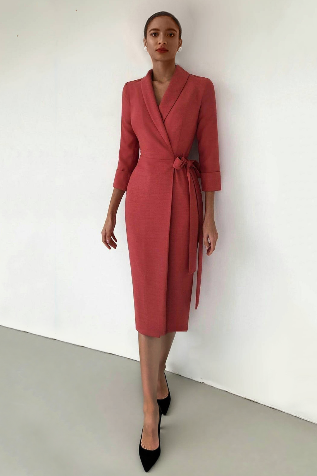 Work Blazer Dress Red Tie Waist Lapel Knee-Length Dress