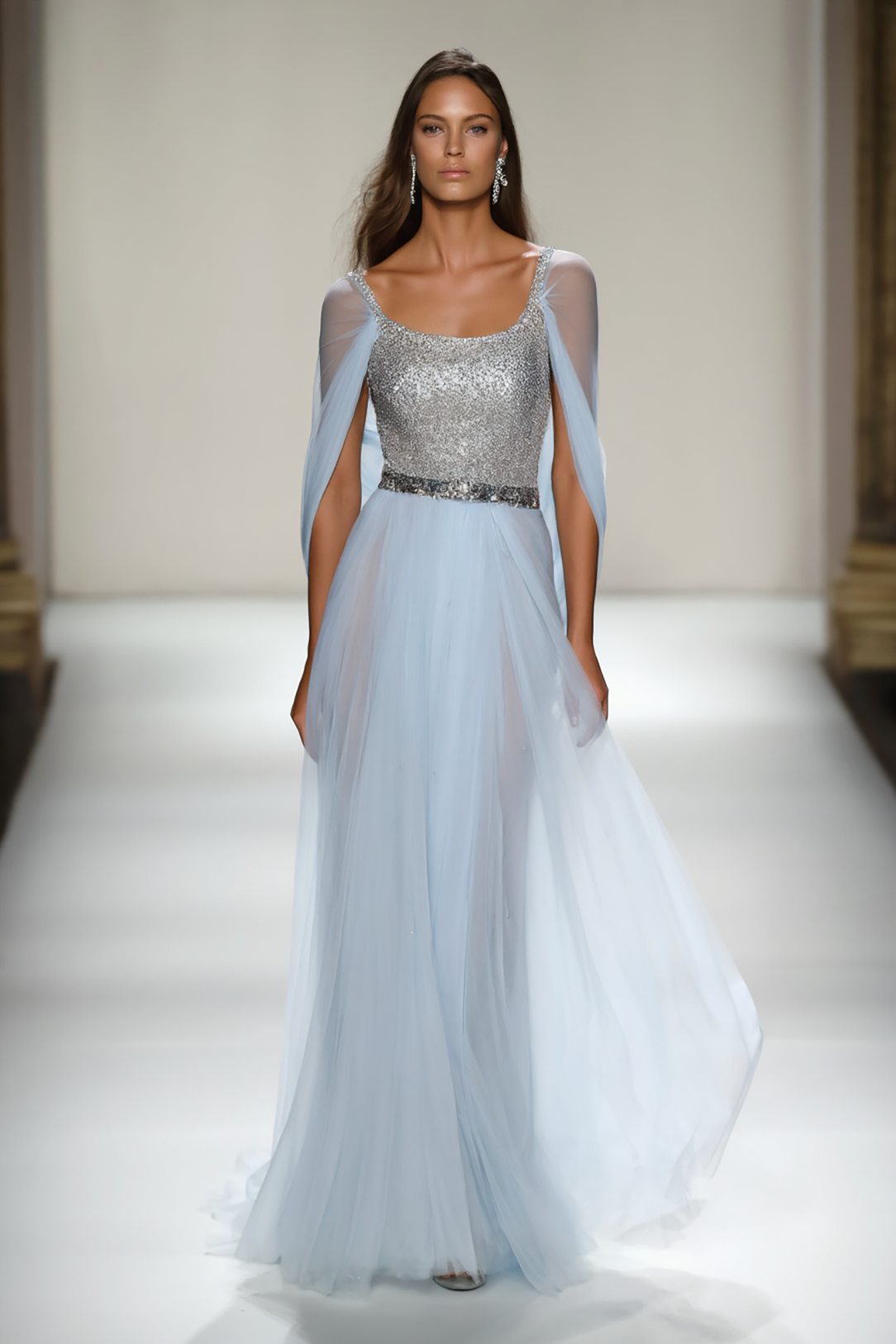 Evening Formal Dress Light Blue Mesh Sequin Floor-Length Gown