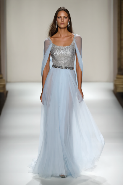 Evening Formal Dress Light Blue Mesh Sequin Floor-Length Gown