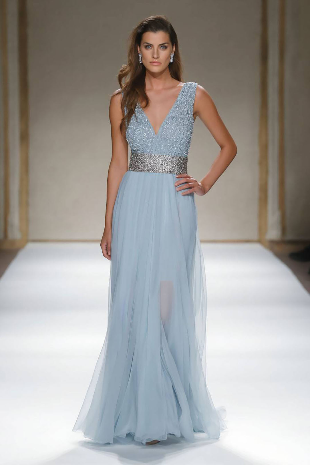 Evening Formal Dress Light Blue V Neck Sleeveless Floor-Length Gown