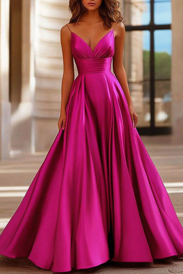 Formal Evening Dress Fuchsia Satin Spaghetti Strap V Neck Maxi Gown