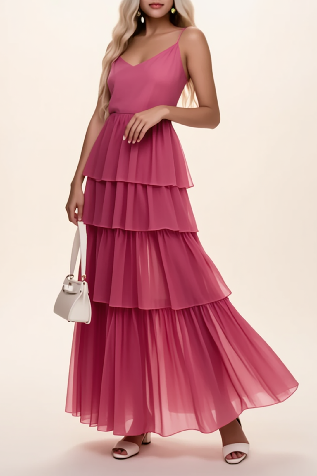 Vacation Party Tiered Dress Rose Red V Neck Chiffon Maxi Dress