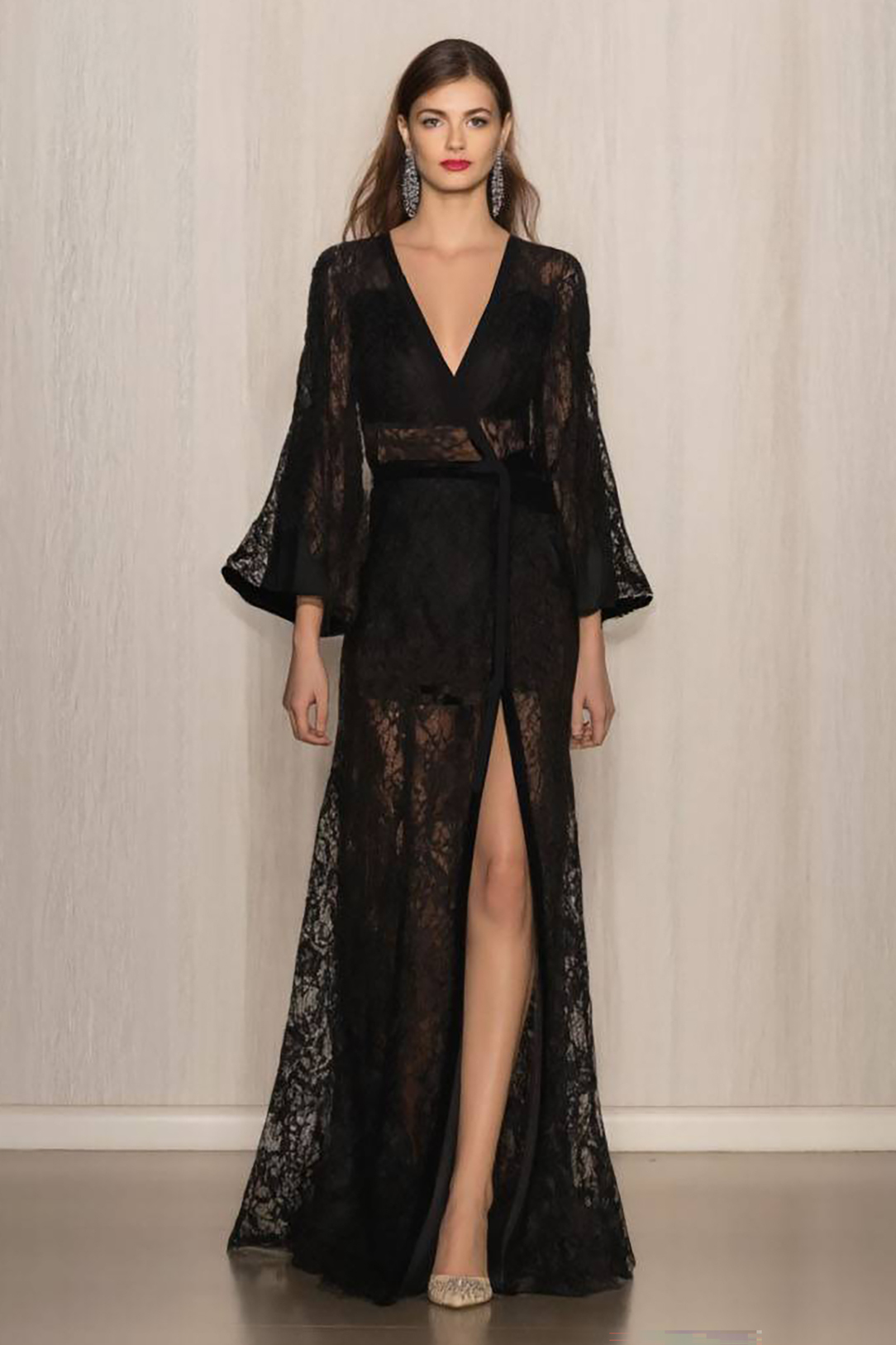 Semi-Formal Party Dress Black Lace Cover-Up Cross Neck Floor-Length Dress