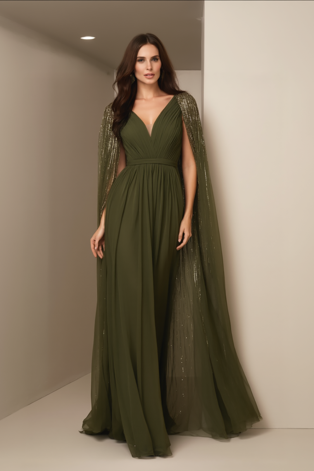 Evening Formal Gown Green Cape Chiffon Floor-Length Dress