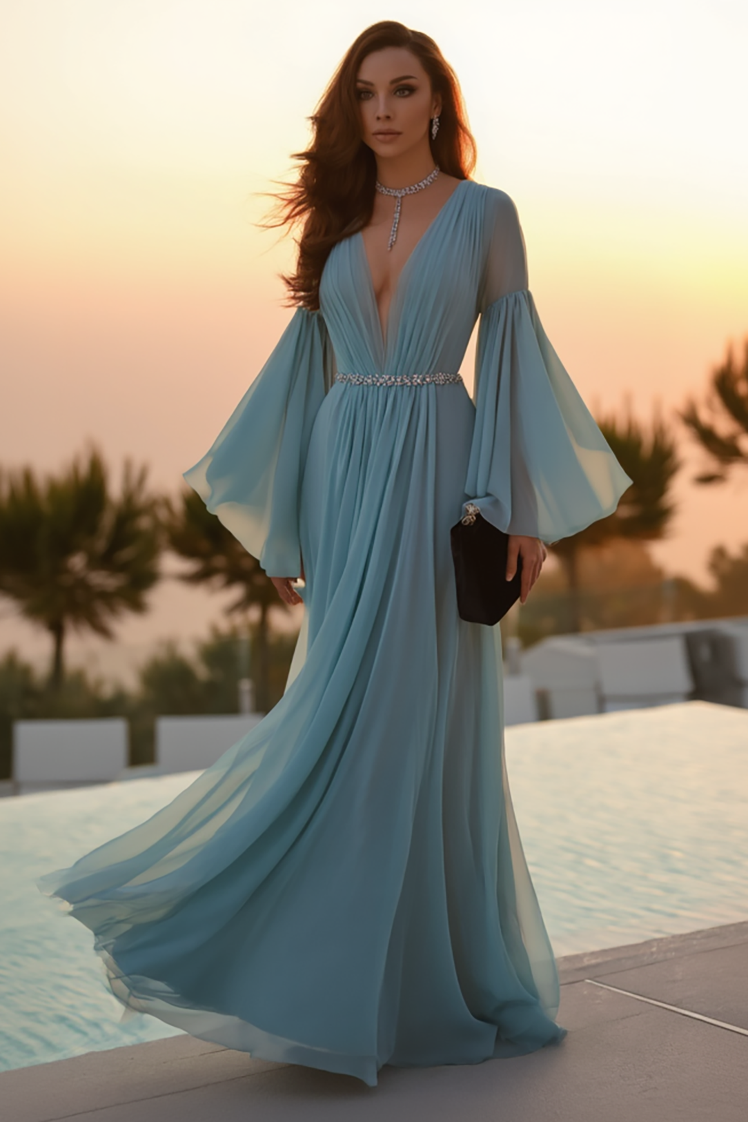 Evening Formal Dress Light Blue Bell Sleeve Chiffon Floor-Length Gown