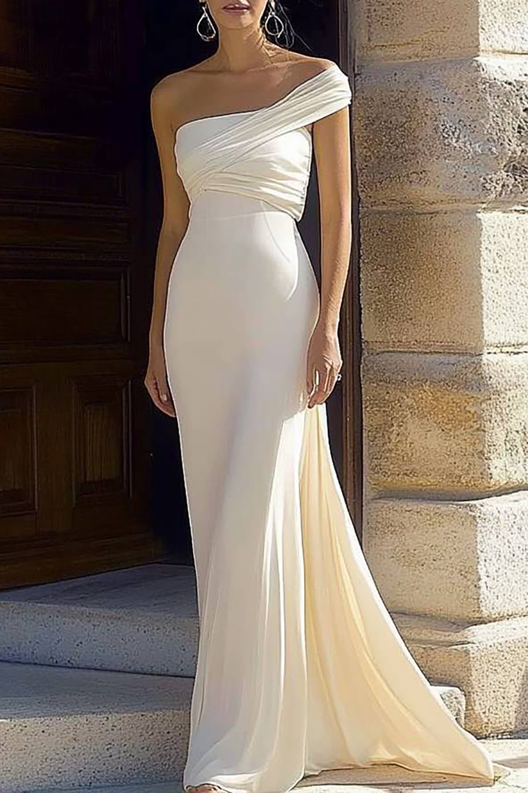 Formal Evening Gown White One Shoulder Floor-Length Dress