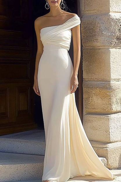 Formal Evening Gown White One Shoulder Floor-Length Dress