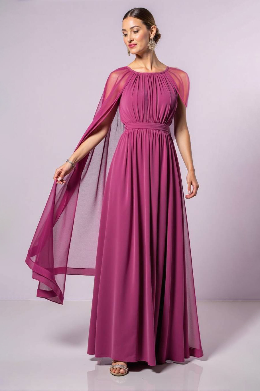 Formal Evening Party Dress Fuchsia Crew Neck Chiffon Swing Maxi Dress