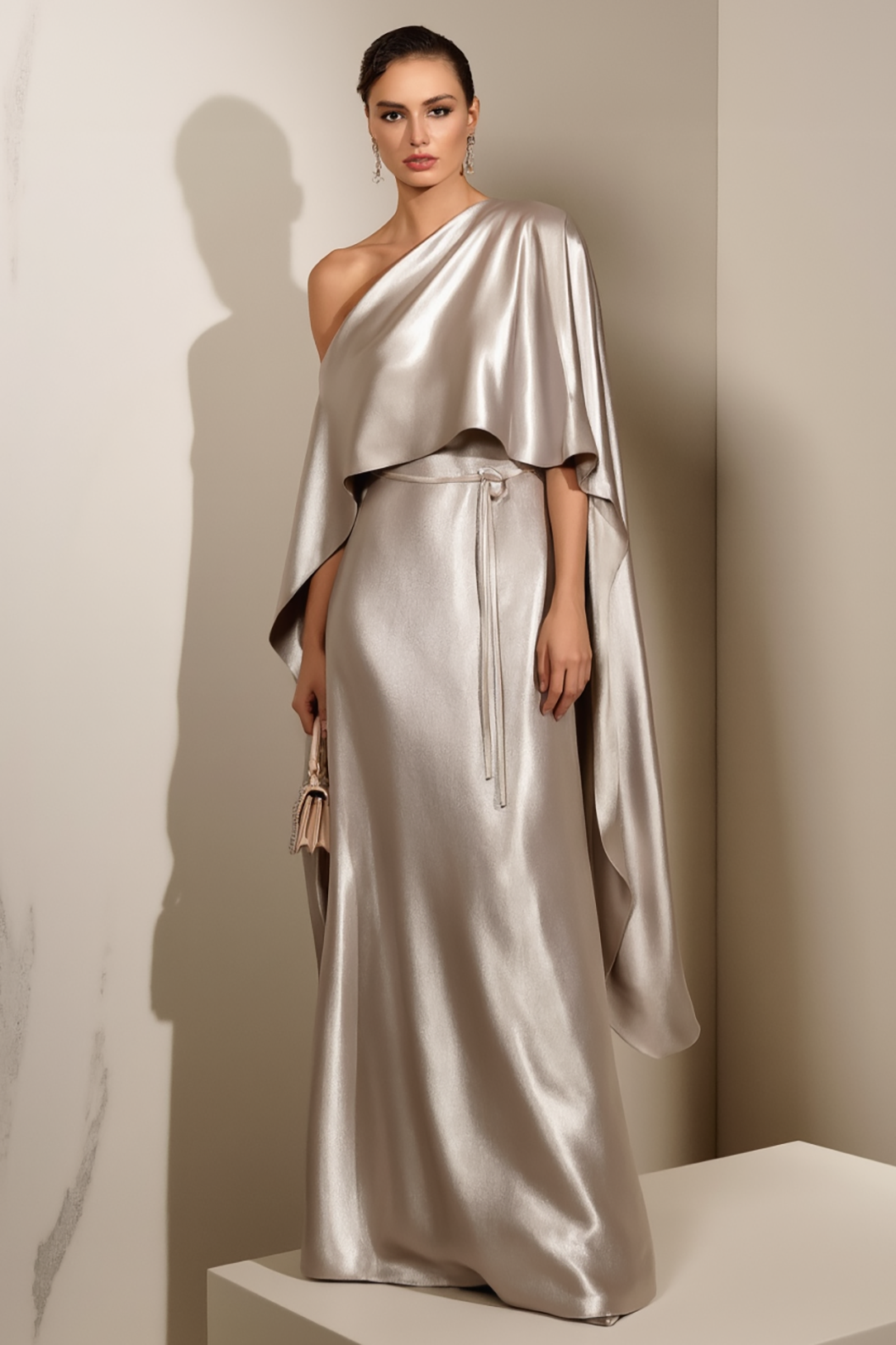 Formal Evening Dress Silver Satin One Shoulder Cape Floor-Length Gown