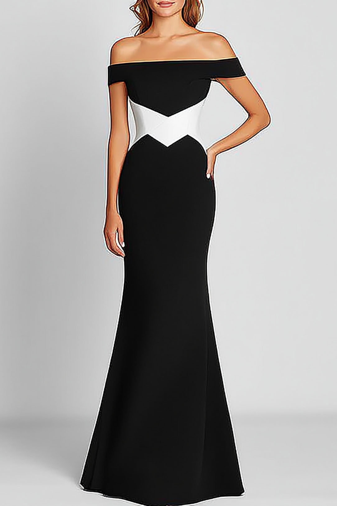 Formal Drop Shoulder Dress Waist White Contrast Design Maxi Dress-chiclody
