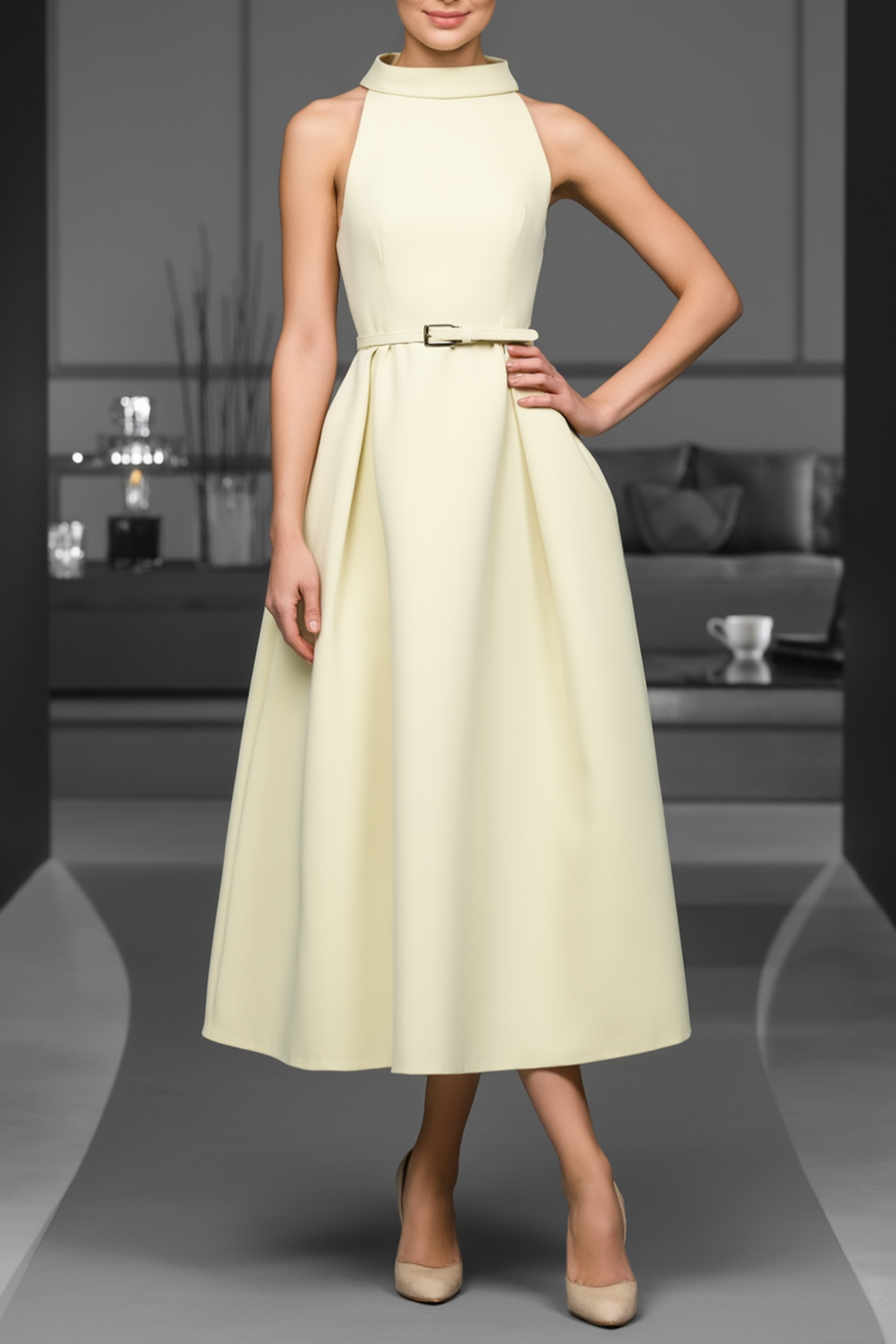 Semi-Formal Party Dress Yellow Sleeveless Stand Neck A-Line Midi Dress
