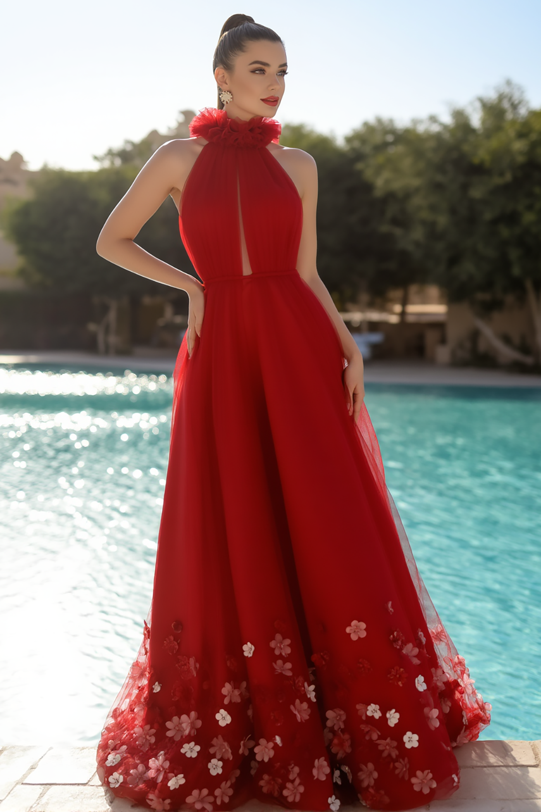 Evening Formal Halter Dress Red Tulle Floral Floor-Length Gown