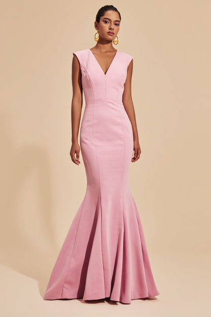 Formal Evening Dress Light Pink V Neck Sleeveless Mermaid Floor-Length Dress