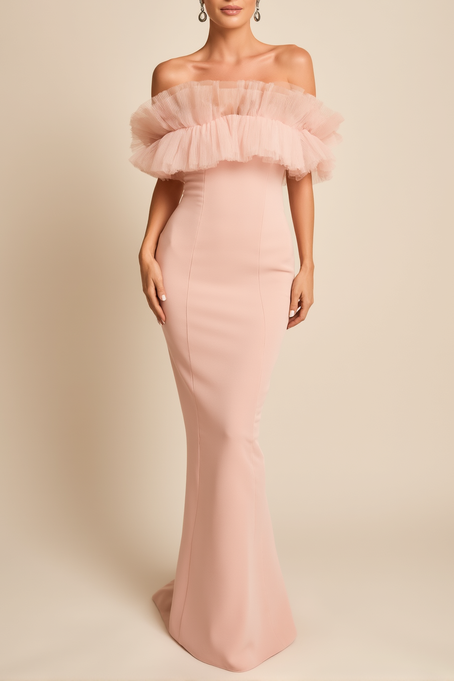 Formal Evening Gown Light Pink Off-Shoulder Bodycon Floor-Length Dress