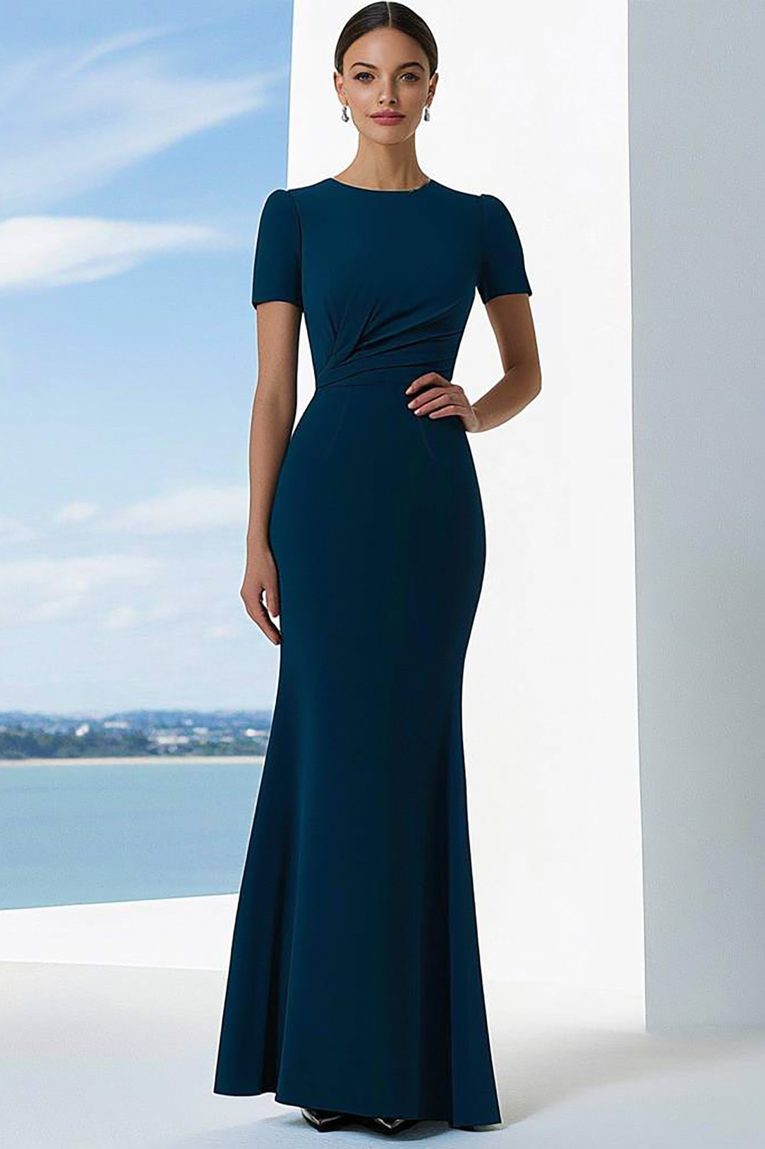 Formal Evening Dress Navy Crew Neck Mermaid Maxi Dress