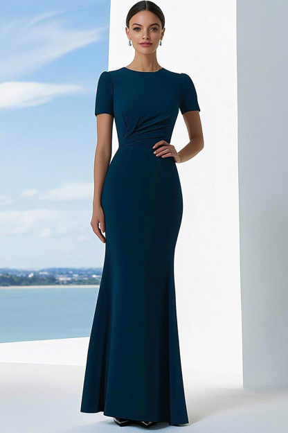 Formal Evening Dress Navy Crew Neck Mermaid Maxi Dress