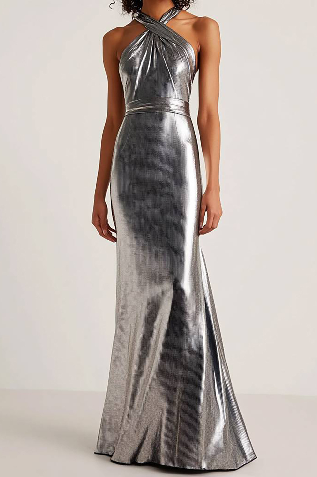 Party Halter Dress Silver Metallic Floor-Length Gown