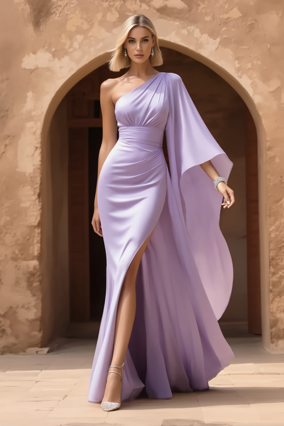 Formal Evening Dress Purple One Shoulder Flowing Floor-Length Gown