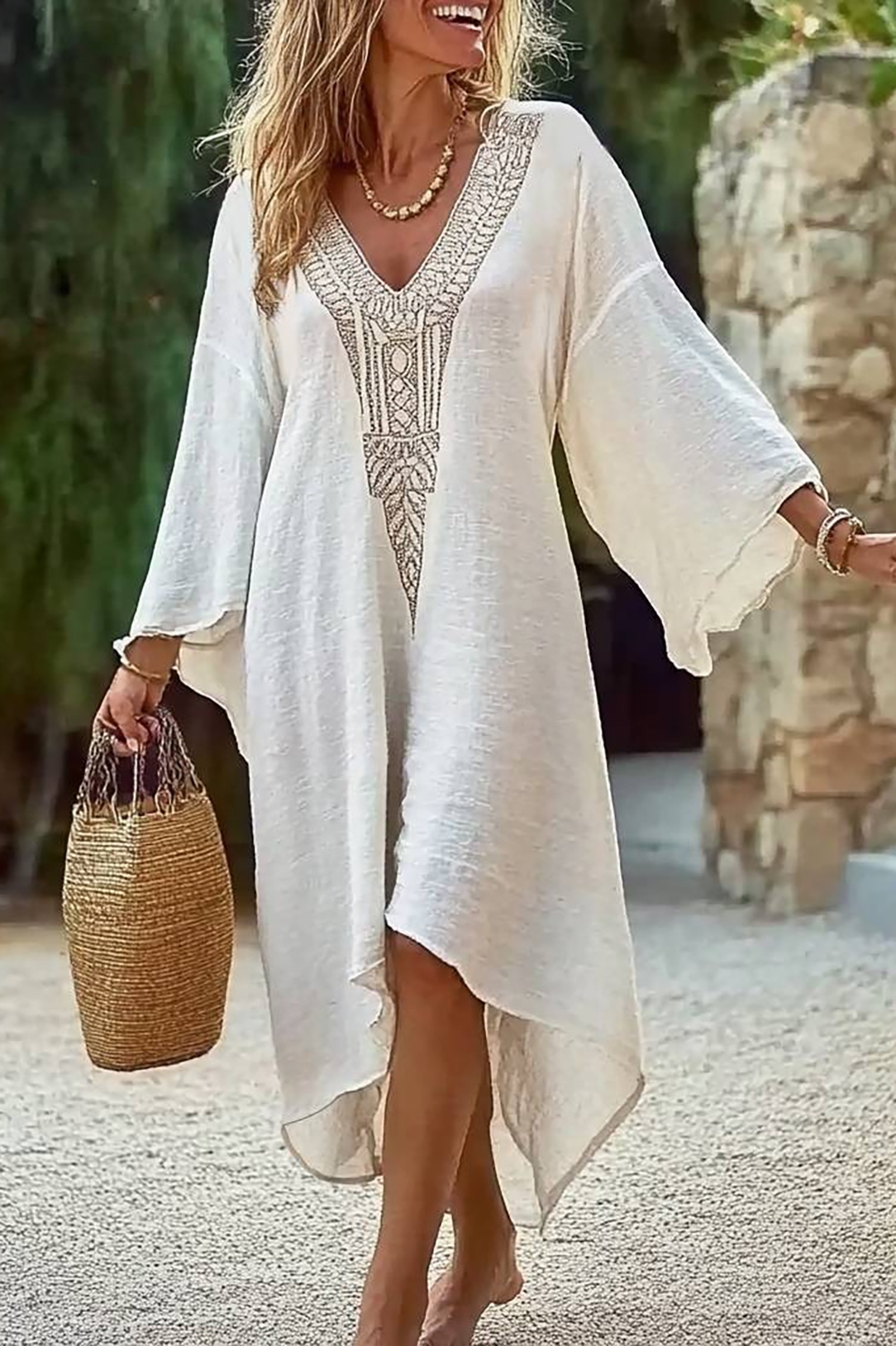 Bohemian Loose Dress Ivory V-Neck Linen Midi Dress