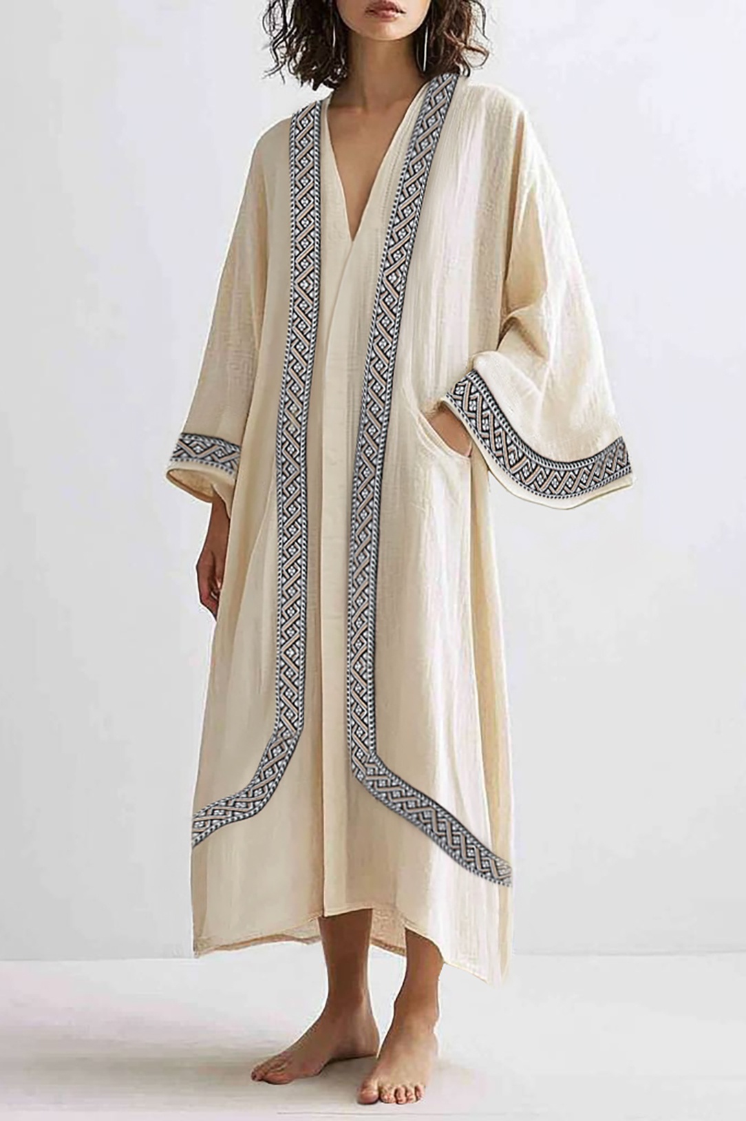 Bohemian Vacation Dress Linen Beige Loose Ethnic Style Maxi Dress