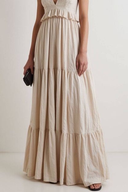 Vacation Spaghetti Strap Dress Beige V-Neck Ruffled Floor-Length Dress