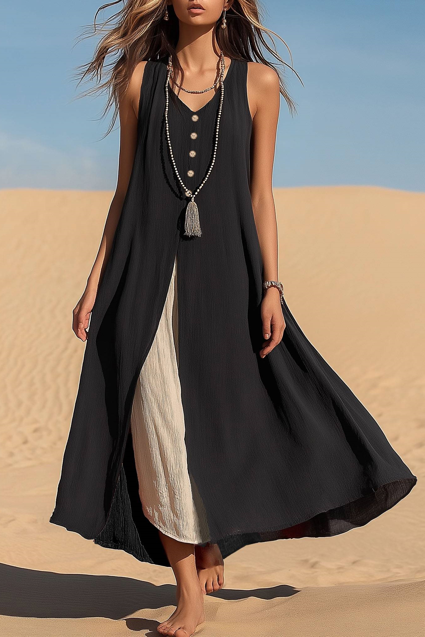 Casual Vacation Dress Sleeveless V-Neck Black Beige Slit Midi Dress