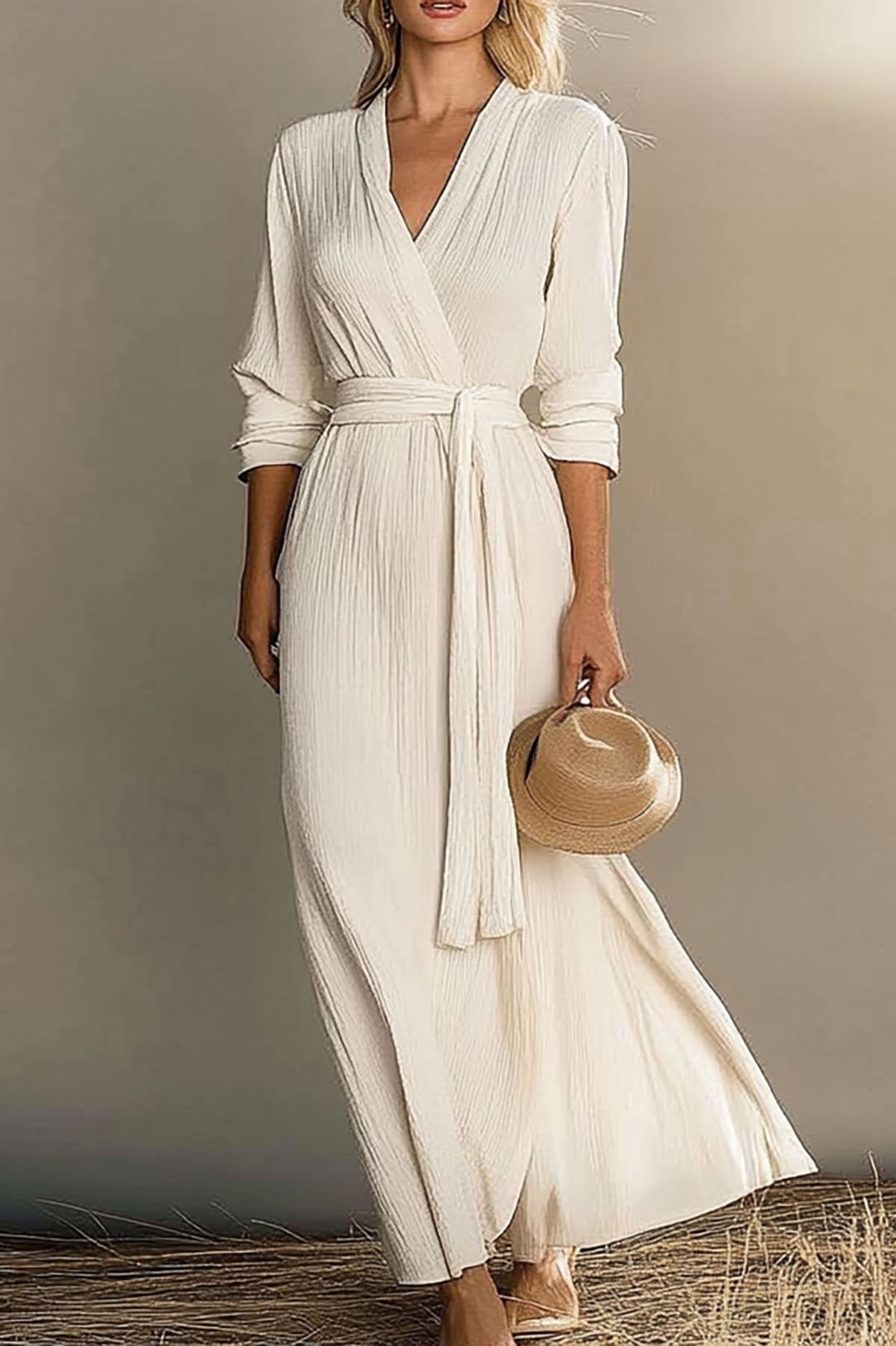 Casual Vacation Linen Dress White Long Sleeve Tie Waist Maxi Dress