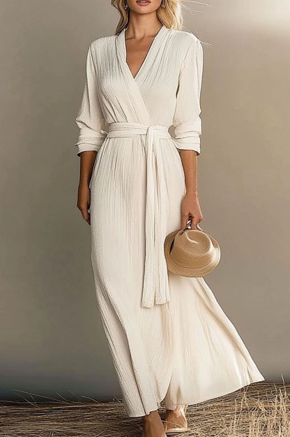Casual Vacation Linen Dress White Long Sleeve Tie Waist Maxi Dress