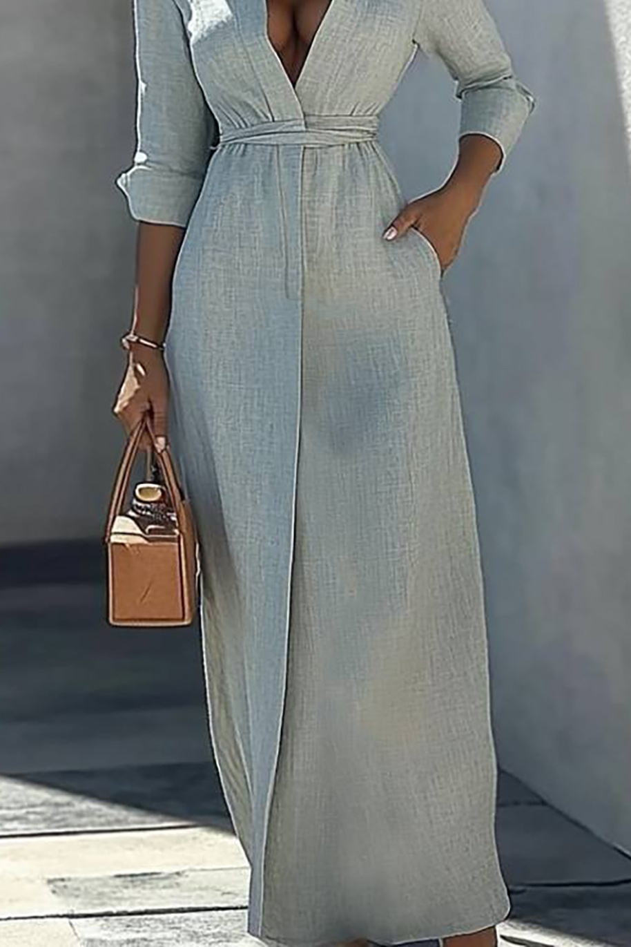 Vacation Casual Linen Dress Light Blue Long Sleeve Pocket Maxi Dress