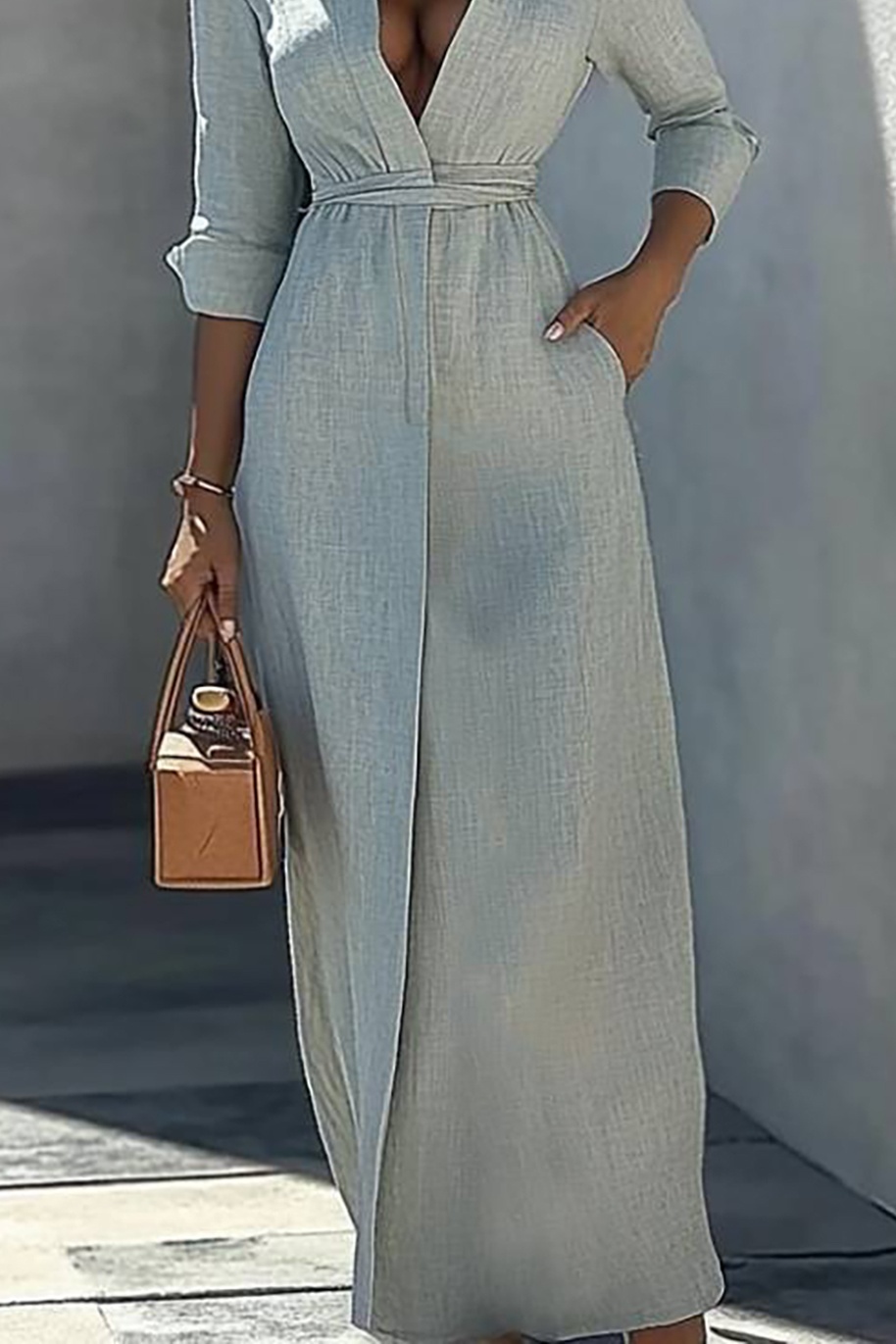 Vacation Casual Linen Dress Light Blue Long Sleeve Pocket Maxi Dress