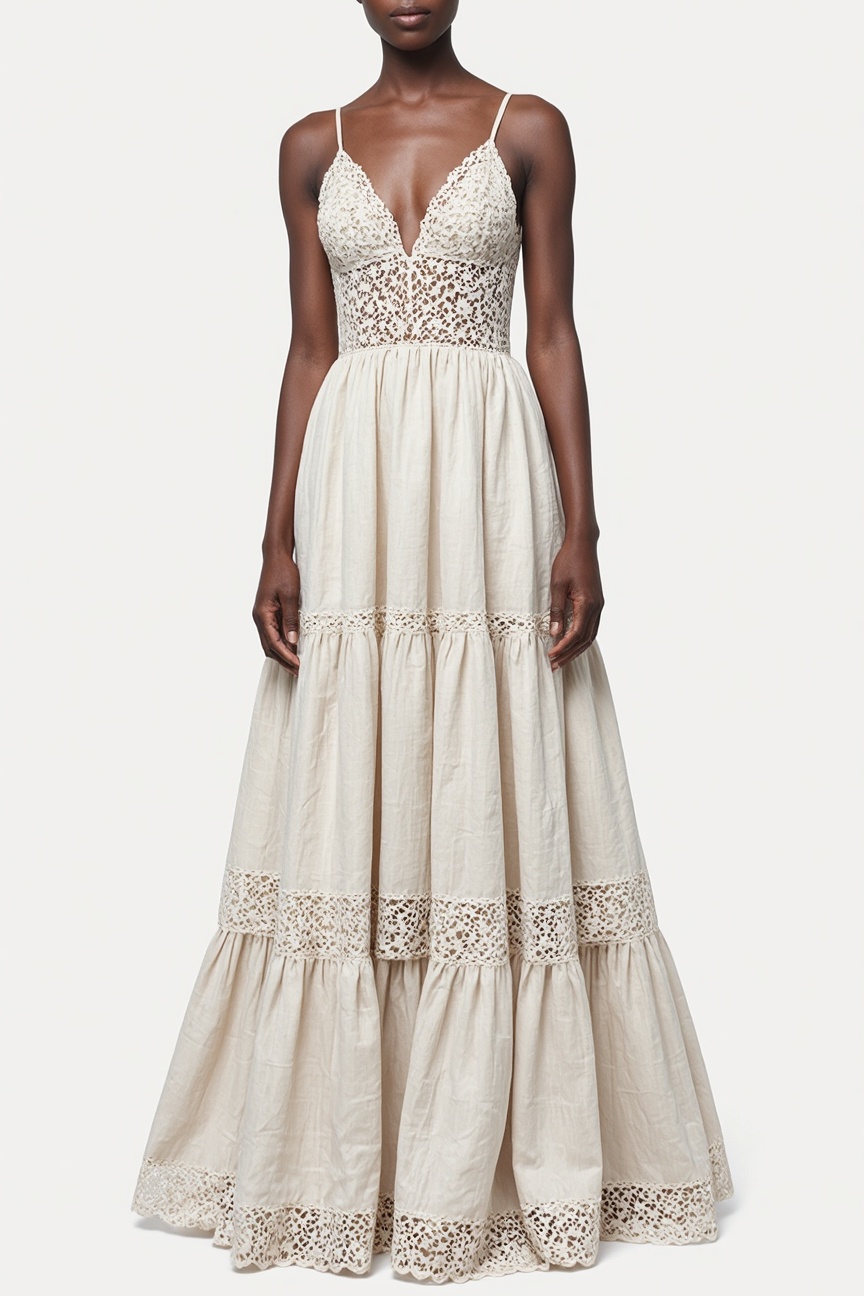 Bohemian Strap Dress Beige Lace V-Neck Linen Maxi Dress