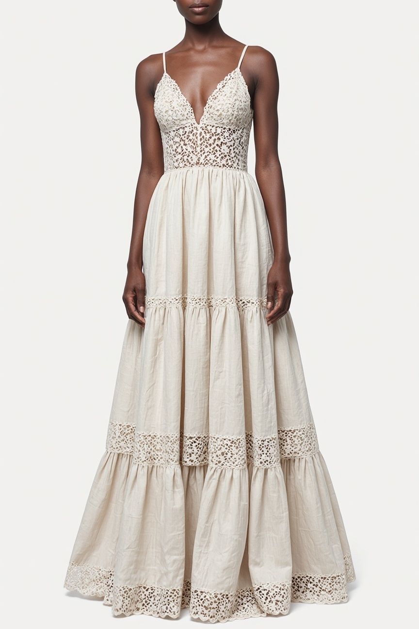 Bohemian Strap Dress Beige Lace V-Neck Linen Maxi Dress