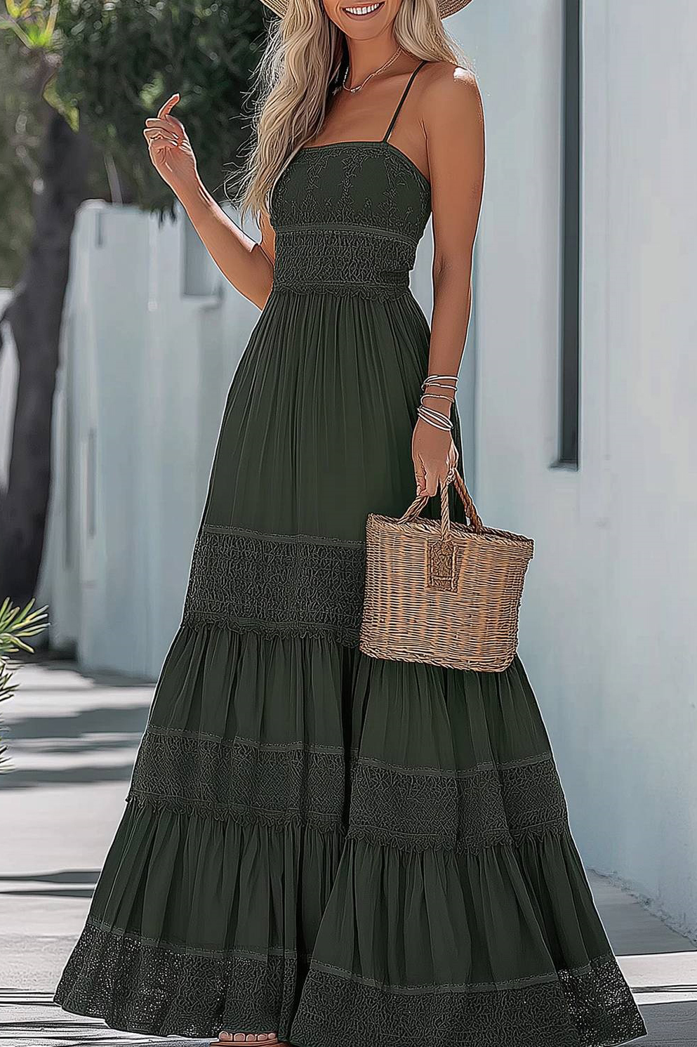 Bohemian Vintage Dress Green Spaghetti Strap Floor-Length Dress