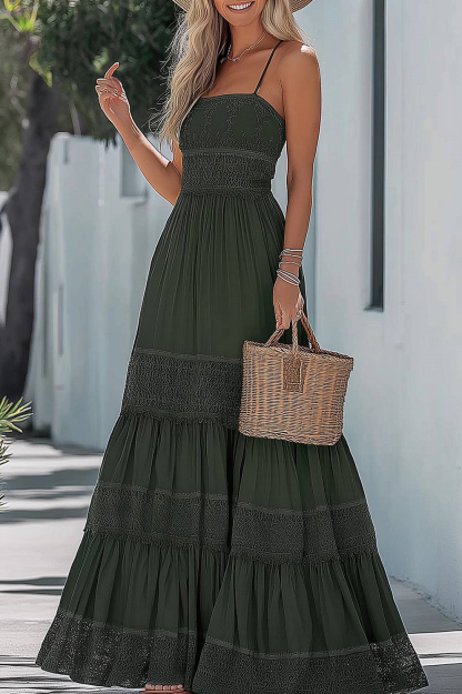 Bohemian Vintage Dress Green Spaghetti Strap Floor-Length Dress