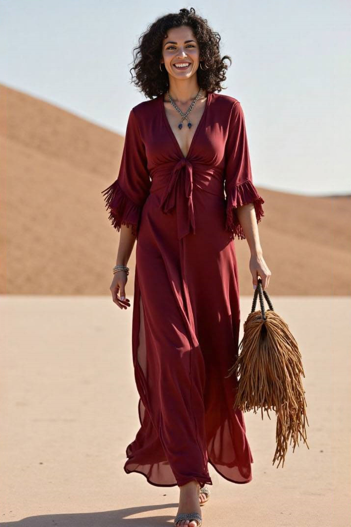 Bohemian Vacation Dress Deep Red V-Neck Maxi Dress