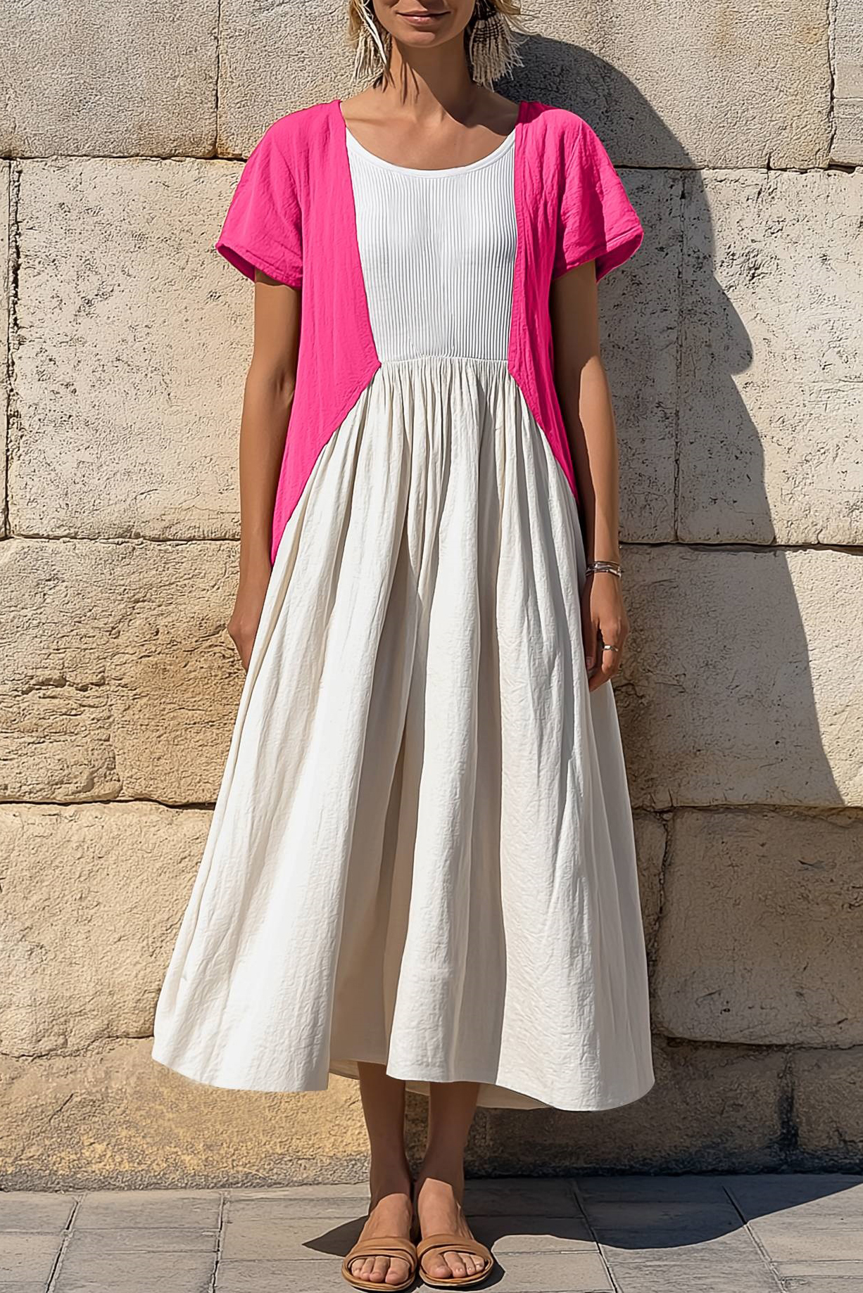 Vacation Casual Dress Linen Pink White Colorblock Crew Neck Midi Dress