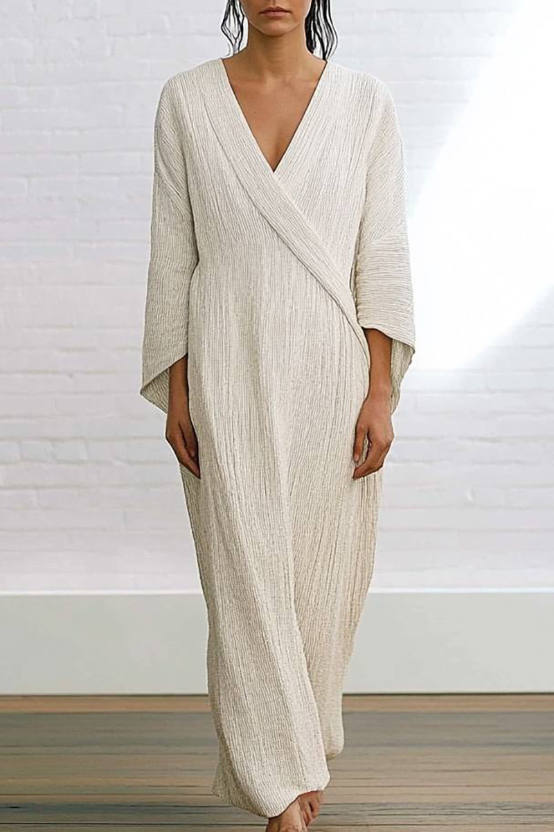 Casual Linen Dress Ivory White Cross-Neck Loose Maxi Dresss
