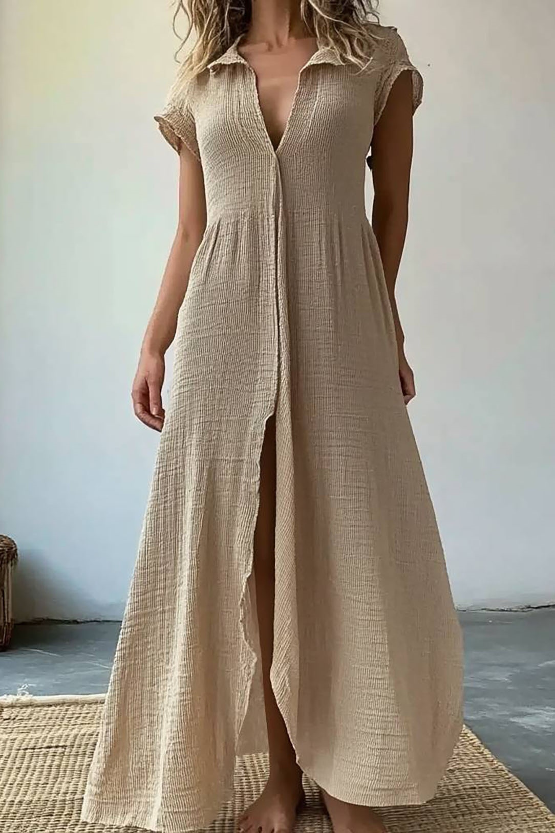 Vacation Linen Dress Light Brown Lapel Split Maxi Dress