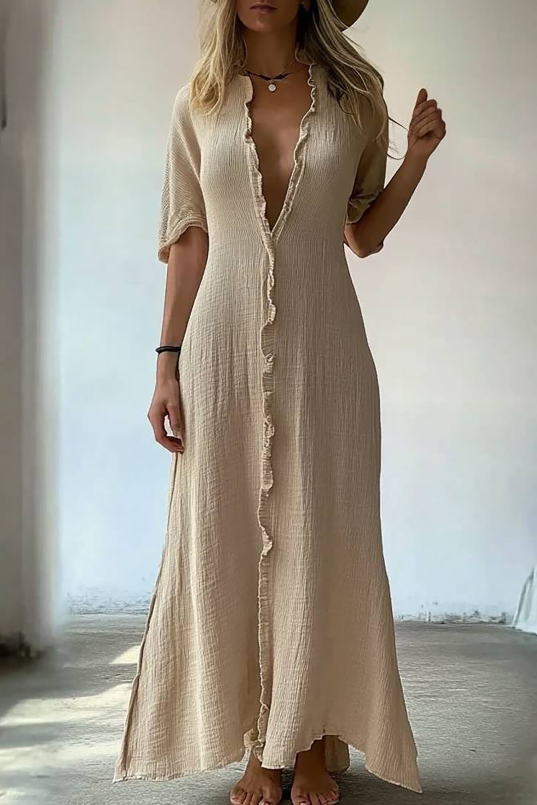 Casual Vacation Linen Dress Light Brown Deep V Ruffle Edge Maxi Dress