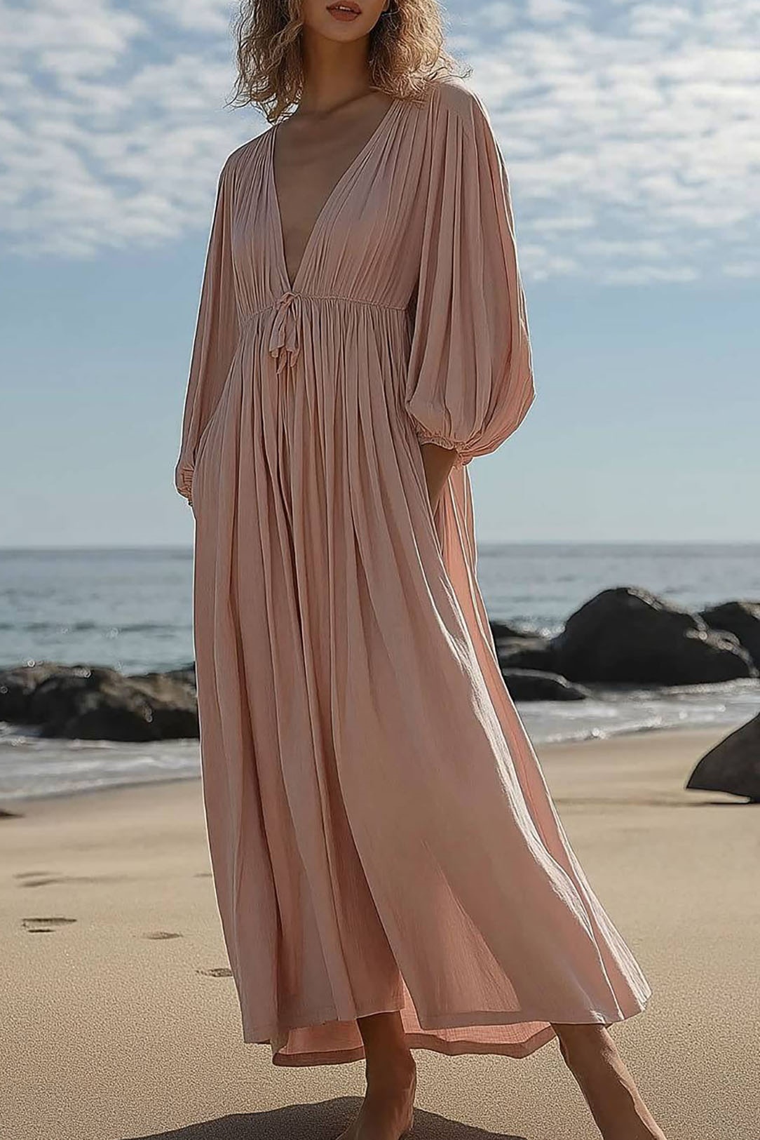 Vacation Dress Light Pink Deep V Bubble Sleeve Pocketed Maxi Dress
