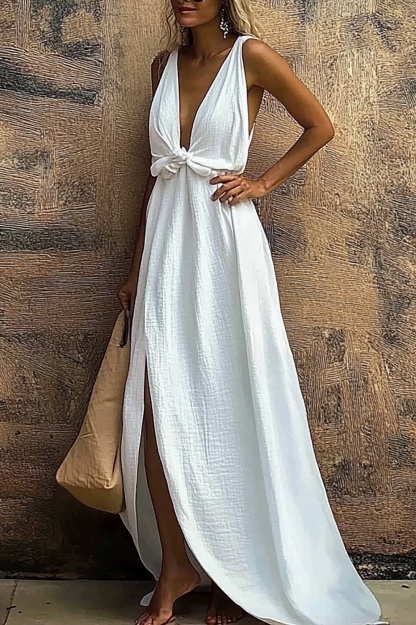 Beach Vacation Dress White Linen Deep V Sleeveless Side Slit Train Dress