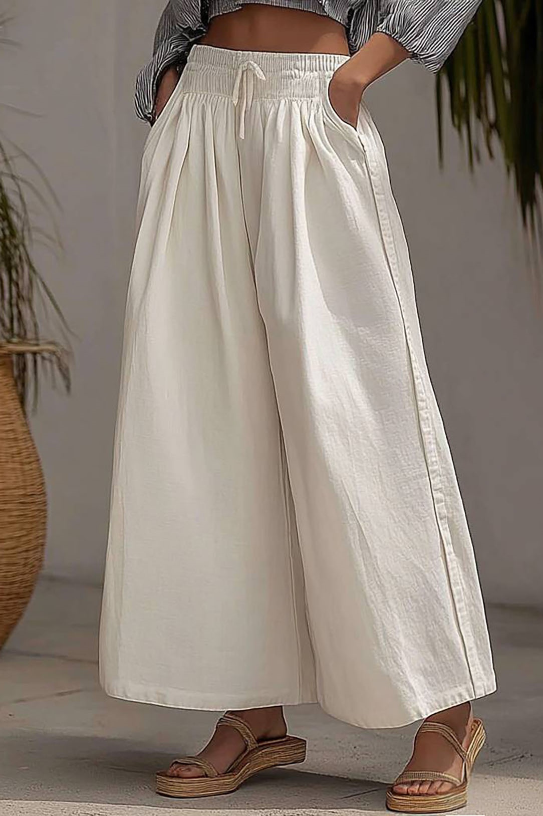 Casual Daily Pants White Elastic Waist Pockets Wide-Legged Long Pants