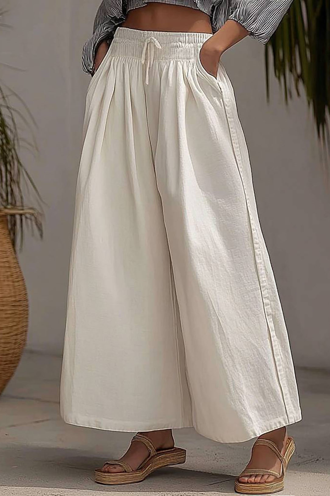 Casual Daily Pants White Elastic Waist Pockets Wide-Legged Long Pants