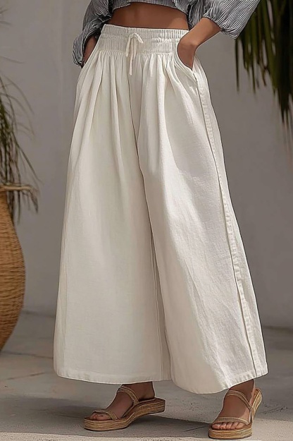 Casual Daily Pants White Elastic Waist Pockets Wide-Legged Long Pants