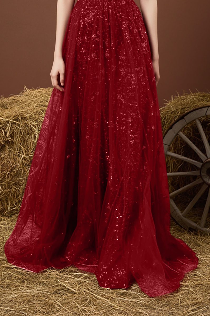 Evening Sequin Dress Red Spaghetti Straps Mesh Floor-Length Gown