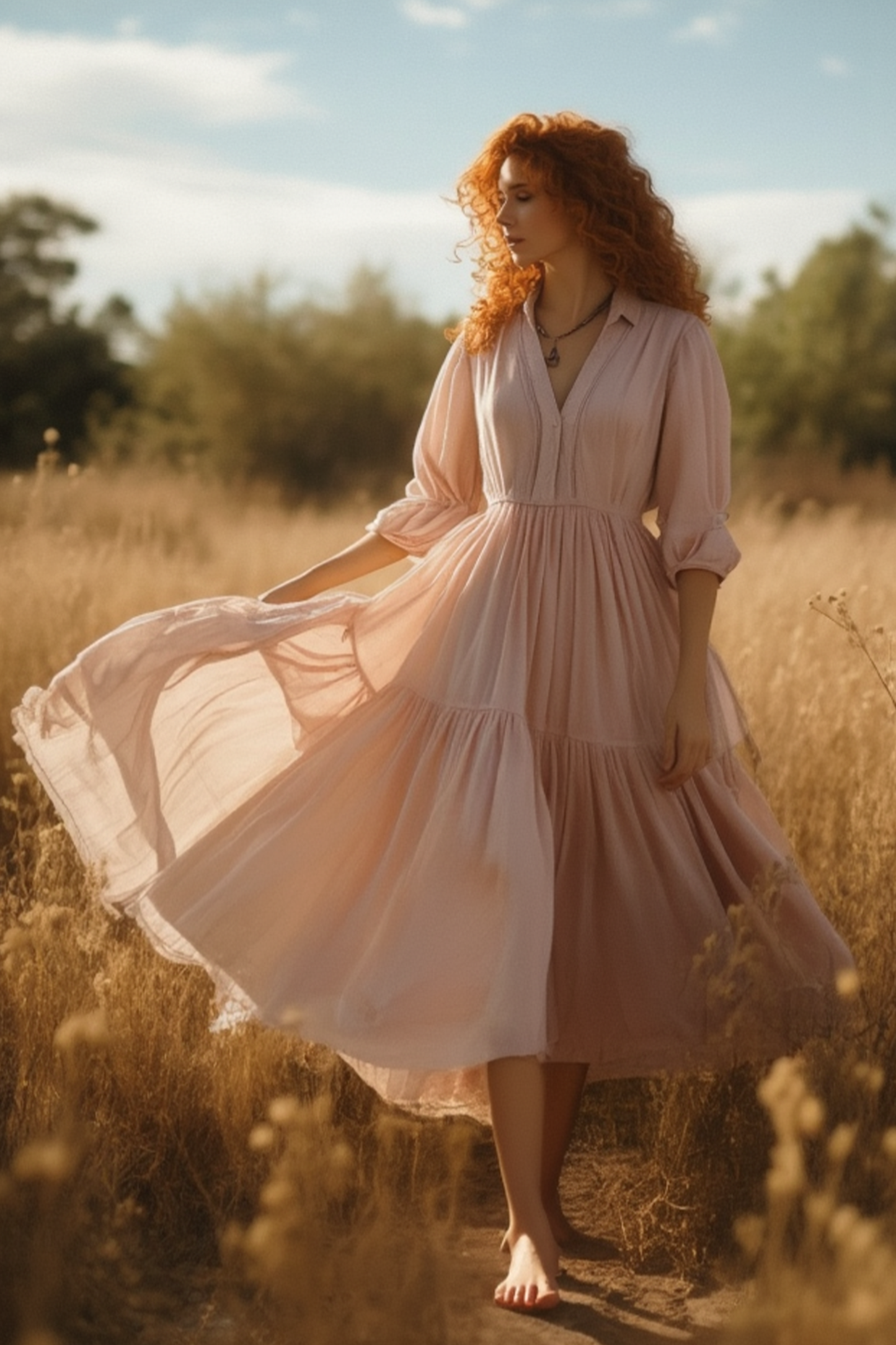 Bohemian Swing Dress Pink V Neck 3/4 Length Sleeve Maxi Dress